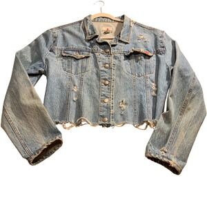 Vintage Denim Jacket 90s Distressed Large Crazy Horse DIY Grunge Western Cropped